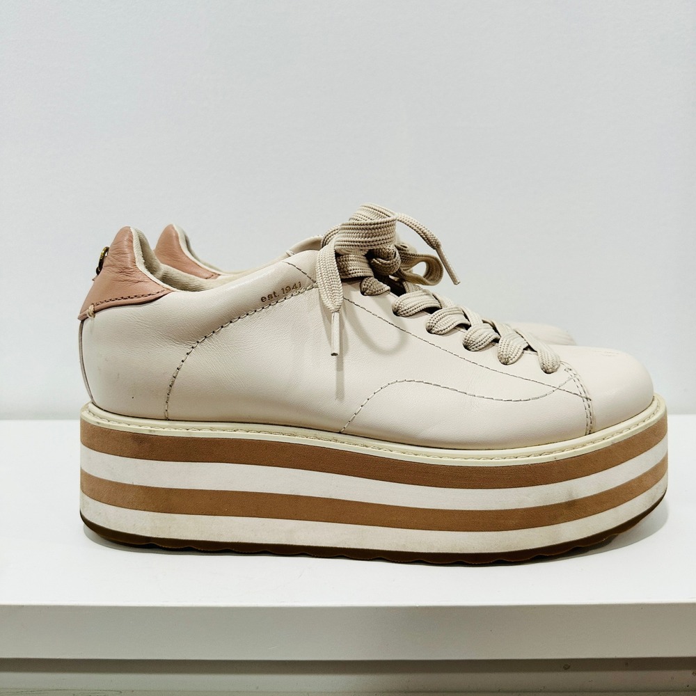 Coach Platform Sneaker Womens 9B G4012 Cream Leather Striped Flatform Shoe - Picture 2 of 16